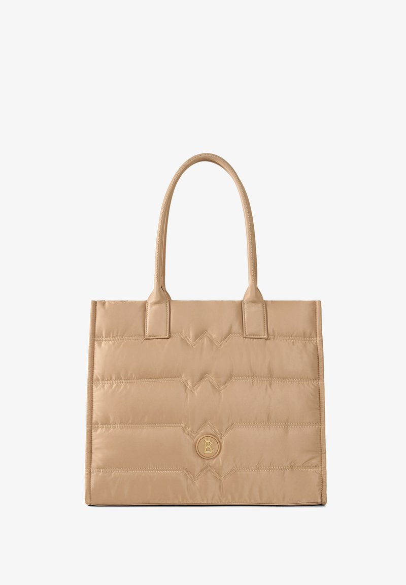 Borsa a spalla imbottita beige con due manici, caratterizzata da cuciture a zigzag e un logo circolare al centro. Materiale liscio e leggero.