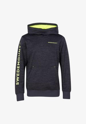Donkergrijze hoodie met lange mouwen, kangoeroezak en een felle gele accent op de capuchon en het logo. Heeft een gestructureerde stof en geribbelde boorden.