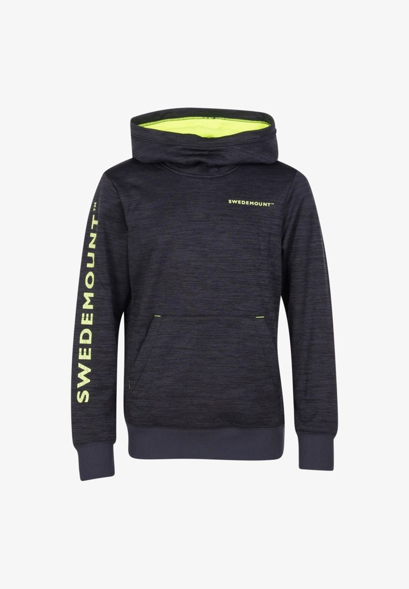 Felpa con cappuccio grigia scura a maniche lunghe, con tasca a marsupio e un vivace accento giallo sul cappuccio e sul logo. Presenta un tessuto testurizzato e polsini a costine.