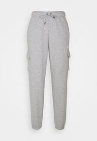 Pantalons cargo joggers gris clair avec chevilles élastiques et taille à cordon, dotés de poches à rabat de chaque côté.