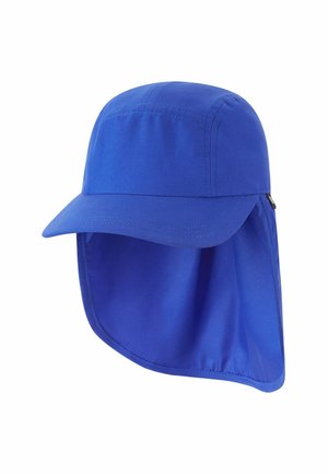 Cappello da sole blu con tesa larga e falda posteriore estesa per una completa protezione dal sole.
