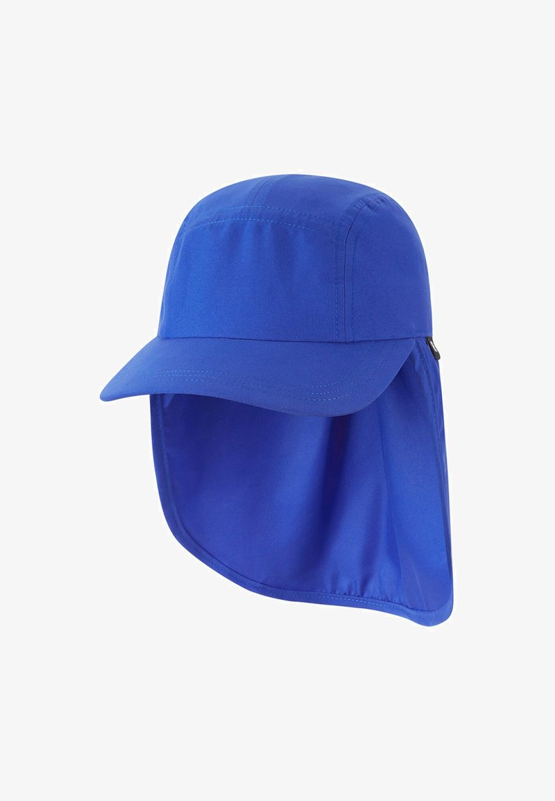 Chapeau de soleil bleu avec large bord et rabat de nuque étendu pour une protection complète contre le soleil.