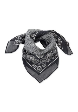 Sort-hvid mønstret tørklæde med paisley- og geometriske design, lavet af et let, gennemsigtigt stof med spidse ender.