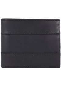 Portefeuille en cuir noir avec un design simple, des détails de couture horizontale et des emplacements pour cartes à l'avant. Texture lisse, forme rectangulaire.
