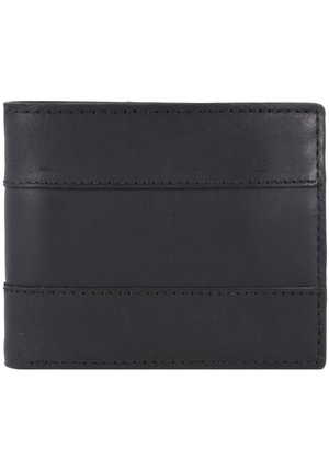 Black leather wallet featuring a simple design with horizontal stitching details and card slots on the front. Smooth texture, rectangular shape.