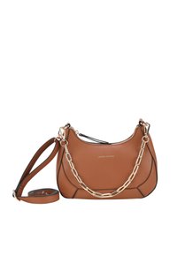 Brown leather handbag with a crescent shape, gold chain accents, and a detachable shoulder strap. Smooth texture with black stitching.