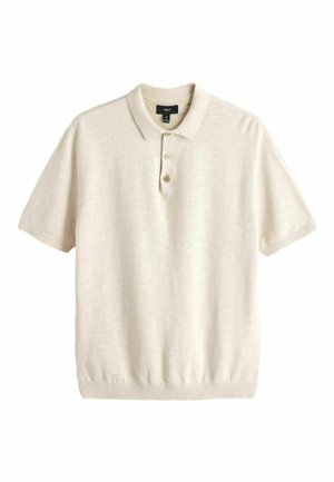 Rövid ujjú, bézs színű galléros póló három első gombbal, közepes méretű, puha kötött anyagból.