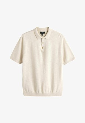 Beżowa koszulka polo z krótkim rękawem, kołnierzykiem i trzema przednimi guzikami, rozmiar średni, wykonana z miękkiego dzianinowego materiału.