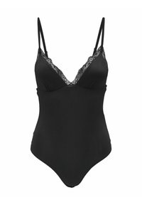 Svart bodysuit i spets med tunna justerbara axelband, spetsdetaljer längs halsringningen och en slät, åtsittande siluett.