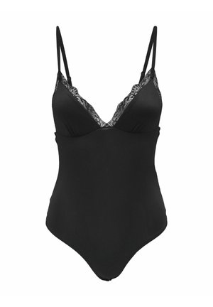 Czarny bodysuit z bielizny z cienkimi regulowanymi ramiączkami, koronkowym wykończeniem wzdłuż dekoltu oraz gładką, dopasowaną sylwetką.