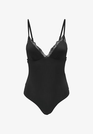 Czarny bodysuit z bielizny z cienkimi regulowanymi ramiączkami, koronkowym wykończeniem wzdłuż dekoltu oraz gładką, dopasowaną sylwetką.