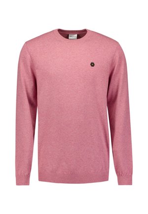 Roze gebreide trui met lange mouwen, geribde halslijn en manchetten, met een klein zwart hexagonaal logo op de borst. Zachte textuur.