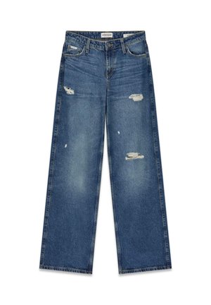 Szerokie niebieskie dżinsy wykonane z denimu z przetarciami i widocznymi zużyciami. Szwy z kontrastowym przeszyciem oraz zapięcie na suwak.