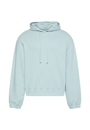 Hellblauer kurz geschnittener Hoodie aus weichem Stoff, mit Kordelzugkapuze, gerippten Bündchen und einem einfachen, auf der Vorderseite gestickten Logo.
