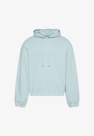 Lyseblå cropped hættetrøje lavet af blødt stof, med snøre i hætten, ribstrikkede manchetter og en enkel broderet logo på forsiden.