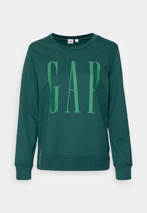 Dark green long-sleeve sweatshirt with large light green "GAP" text on the front and a round neckline.