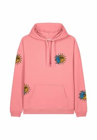 Rosa hoodie gjort av mjukt tyg, med broderade sol- och måndesigner i blått och gult på framsidan och ärmarna. Känguruficka ingår.