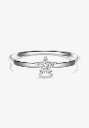 Prsteň z postriebreného striebra s dizajnom hviezdy, centrálnym drahokamom a textúrovanými akcentmi. Hladký krúžok s lesklým povrchom.