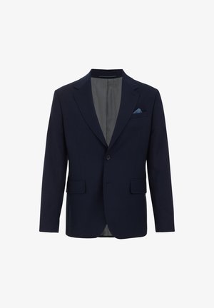 Navy sinine bleiser ühe nupuga kinnitusega, kahe eesmise taskuga ja rinna taskuga, kus on sinine taskurätik. Siledast kangast ja hästi vormitud lõikega.