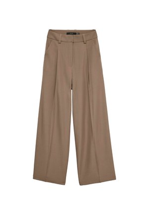 Beige, wijde broek van een zachte stof, met een hoge taille, geplooide voorkant en zijzakken. Strakke, op maat gemaakte uitstraling.