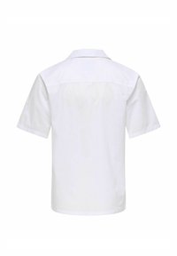 Chemise blanche à manches courtes avec un ourlet droit et un col classique, vue de dos sur un fond blanc uni.