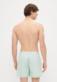 Boxeri de baie verde deschis, confecționați dintr-un material neted, cu un talie elastică și o croială lejeră. Fără modele sau detalii hardware vizibile.