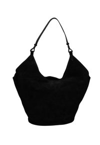 Borsa hobo in suede nera con un'ampia apertura e una tracolla regolabile. Caratterizzata da una trama morbida e una silhouette arrotondata e morbida. Nessuna hardware visibile.