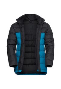 Giacca a padding nera e verde petrolio con zip frontale, cappuccio e texture trapuntata. Presenta un design bicolore e polsini elasticizzati per una vestibilità aderente.