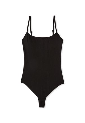 Body nero a coste con sottili spalline regolabili e scollo tondo, progettato per una silhouette aderente.