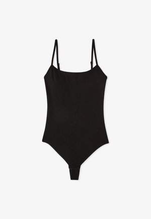 Body nero a coste con sottili spalline regolabili e scollo tondo, progettato per una silhouette aderente.