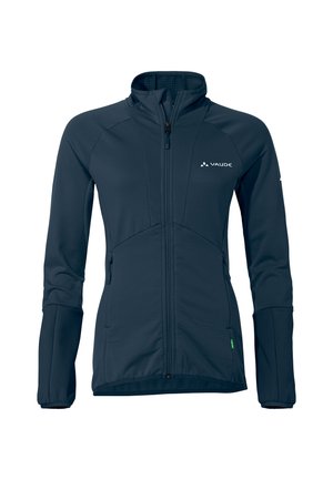 Marineblaue Softshelljacke mit hohem Kragen, Reißverschluss vorne, Seitentaschen und strukturiertem Stoff. Verfügt über ergonomische Nähte und ein Logo.