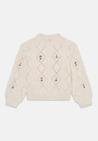 Pulôver de malha canelada em creme com padrões de diamante, apresentando bordados florais em cores. Punhos e barra canelados, design cropped.