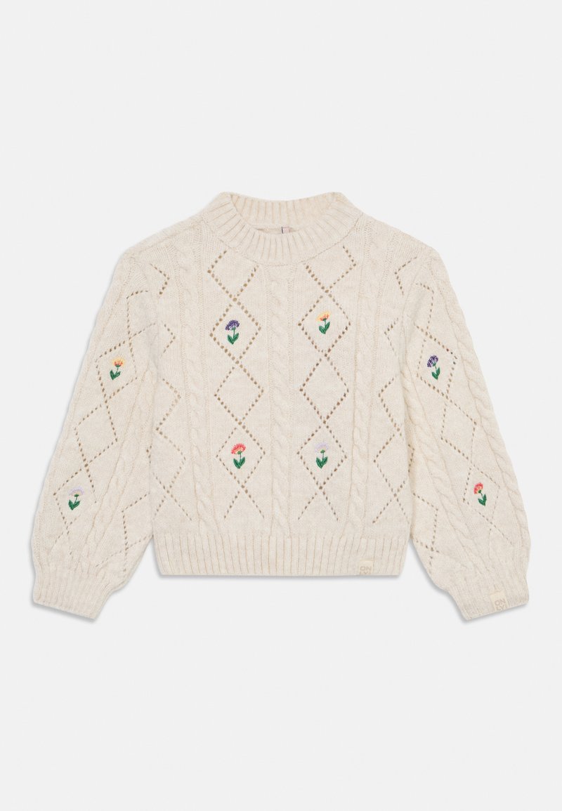 Κρέμα πουλόβερ με πλέκτρες καλώδιο και διαμαντένια σχέδια, με λουλουδάτη κεντητική σε χρώματα. Ριμπ μανσέτες και στρίφωμα, cropped σχέδιο.