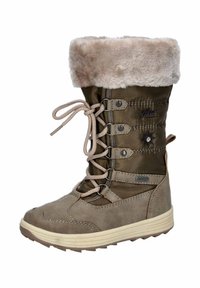 Botki za kostkę w kolorze oliwkowym i beżowym, z przymocowanym futerkiem syntetycznym, teksturowanym zamszem oraz trwałą gumową podeszwą w poziome pasy.