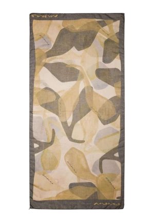 Sciarpa rettangolare morbida con forme astratte di foglie sovrapposte in tonalità beige, marrone chiaro e grigio, incorniciata da un bordo solido grigio scuro.