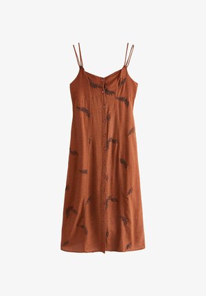 Rust-colored sleeveless midi dress with thin double straps, front buttons, and dark leaf-shaped embroidery scattered throughout.