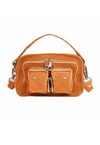 Tan suède handtas met een hoofdvak met rits, twee voorvakjes met rits en een afneembare band. Metallic hardware accenten.