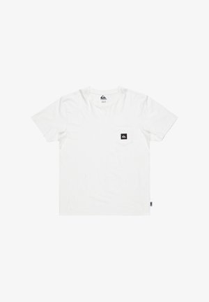 White cotton t-shirt featuring a left chest pocket with a dark label. Short sleeves and a crew neck design. Soft, smooth texture.