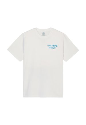 T-shirt blanc à manches courtes et col rond avec un petit texte bleu indiquant "ELEMENT SKATEBOARDS WORLDWIDE" sur la poitrine gauche.
