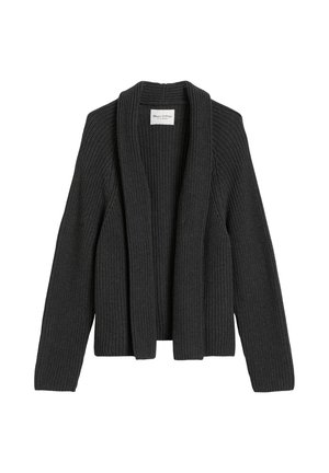 Donkergrijze gebreide cardigan met een open voorzijde, geribbelde textuur en lange mouwen. Label aan de binnenzijde leest "Marc O'Polo."