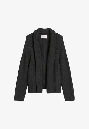 Cardigan de malha cinza escuro com design de frente aberta, textura canelada e mangas longas. O rótulo no lado interior diz "Marc O'Polo."