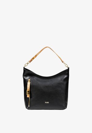 Borsa a tracolla in pelle nera con finitura texturizzata, forma curvata e tracolla in sughero. Presenta una zip dorata e un logo sul davanti.