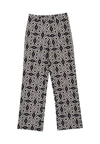 Pantaloni a gamba larga neri con un motivo geometrico bianco. Realizzati in tessuto leggero, con vita alta e senza hardware visibile.