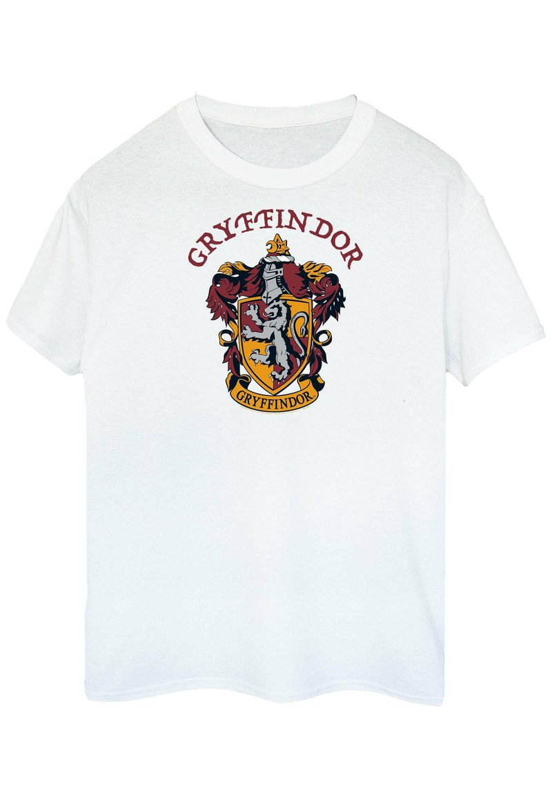 Witte katoenen t-shirt met het Gryffindor-embleem in rood, goud en zwart, met een leeuw-graphic, schildvorm en vetgedrukte tekst erboven.