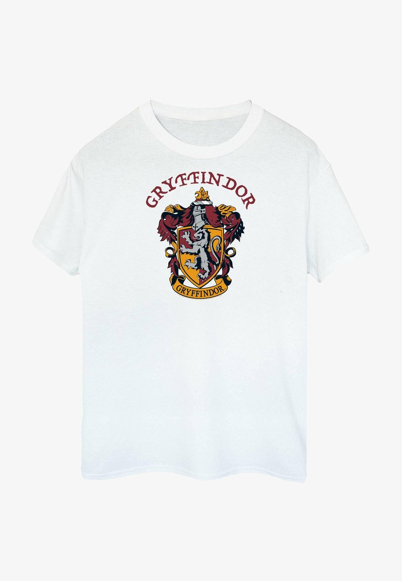 Biela bavlnená tričko s erbom Gryffindoru v červenej, zlatej a čiernej farbe, s grafikou leva, tvarom štítu a odvážnym textom hore.