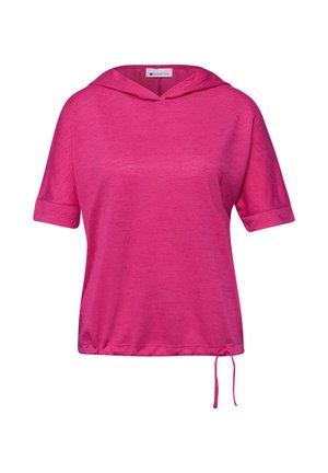 Sweat à capuche à manches courtes rose vif avec un ourlet à cordon de serrage et un tissu doux légèrement texturé.