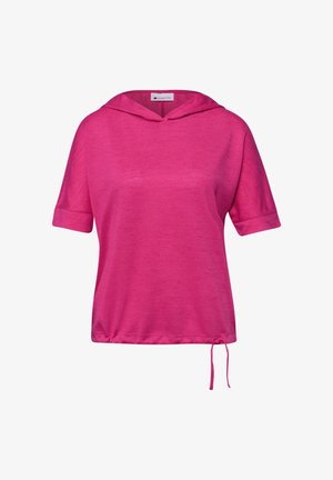 Sweat à capuche à manches courtes rose vif avec un ourlet à cordon de serrage et un tissu doux légèrement texturé.