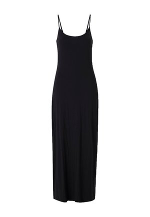 Robe maxi noire sans manches avec fines bretelles spaghetti et une silhouette droite et fluide.