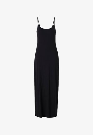 Robe maxi noire sans manches avec fines bretelles spaghetti et une silhouette droite et fluide.