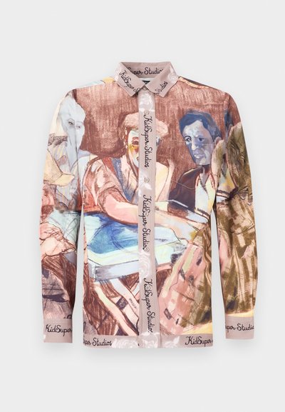 Long-sleeve shirt featuring a painted design in muted colors, with a button-down collar and logo accents along the placket and cuffs.